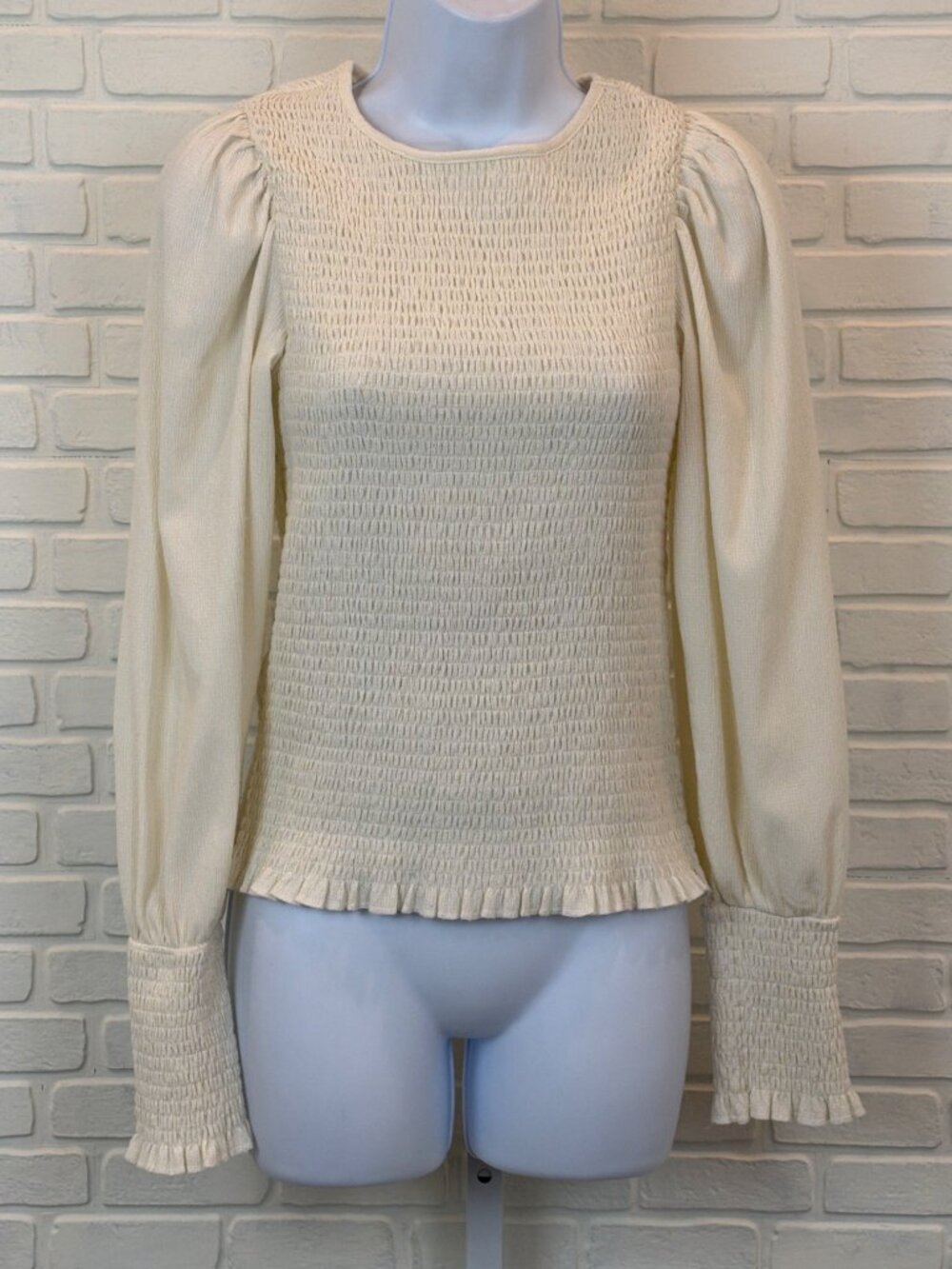 Anthropologie Smocked Puff Sleeve Blouse Cream Ruffle Hem S
